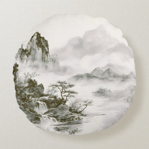 Cojín Redondo Paisaje minimalista de montaña zen con tinta brumo