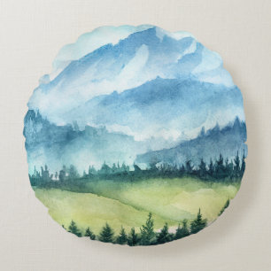 Cojín Redondo Paisaje montañoso, acuarela ilustrativa artística