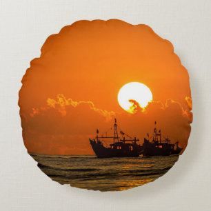 Cojín Redondo Paisaje natural Atardecer con Barco-68465