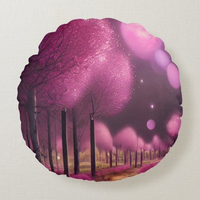 Cojín Redondo Paisaje nocturno rosado de ensueño (Anverso)