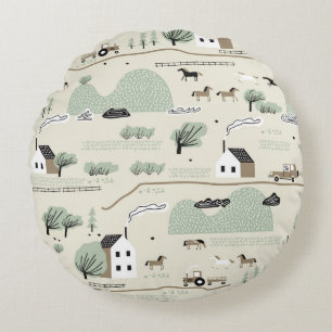 Cojín Redondo Paisaje nórdico: Patrón de árboles de casas colori