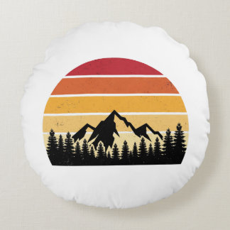 Cojín Redondo Paisaje Retro de Montaña al Atardecer | Naturaleza