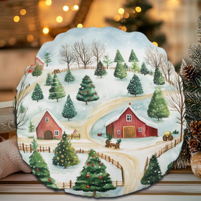 Cojín Redondo Paisaje rústico de invierno acuarela con árboles f (Subido por el creador)