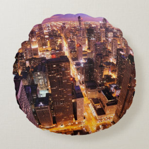 Cojín Redondo Paisaje urbano en la noche de Chicago