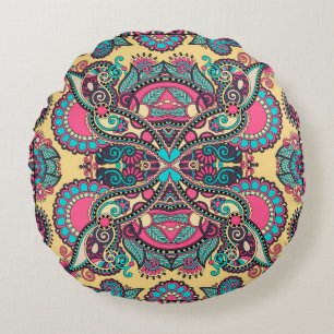 Cojín Redondo Paisley bandanna floral ornamental tradicional. Yo