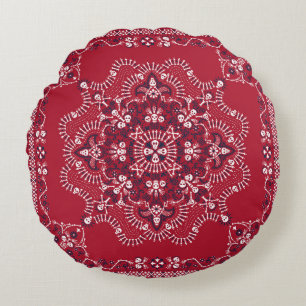 Cojín Redondo Paisley, calaveras, bandana, diseño cuadrado.