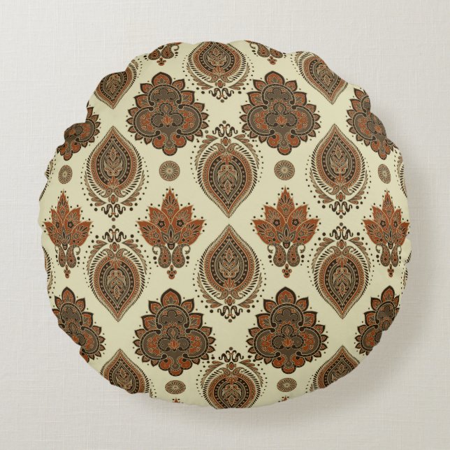 Cojín Redondo Paisley floral, patrón de cosecha textil asiático. (Anverso)