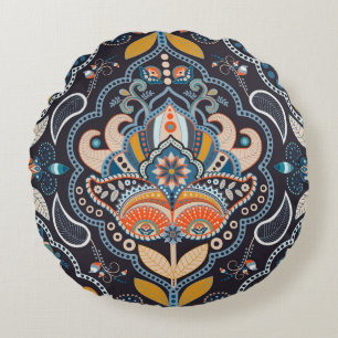 Cojín Redondo Paisley Floral: Patrón indio oscuro