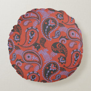 Cojín Redondo Paisley Linocut Vivid Naranja Purple