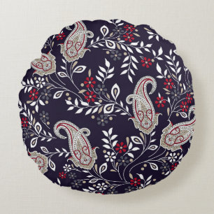 Cojín Redondo Paisley tradicional india, patrón sin fisuras.
