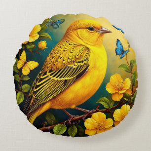 Cojín Redondo Pájaro Amarillo Posado Entre Flores Brillantes