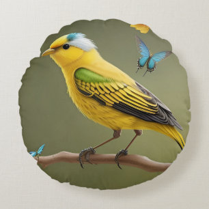 Cojín Redondo Pájaro Amarillo Vibrante Posado Entre Mariposas