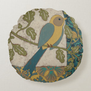 Cojín Redondo Pájaro azul amarillo y Verde azulado encaramado en