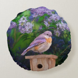 Cojín Redondo Pájaro azul oriental en nieve - Fotografía origina