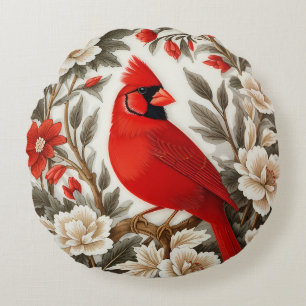 Cojín Redondo Pájaro Cardinal del Norte Floral Hermoso