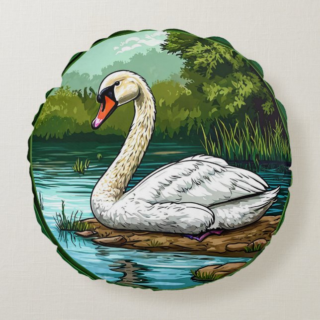 Cojín Redondo Pájaro cisne colorido (Anverso)