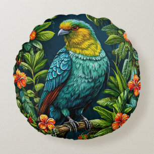 Cojín Redondo Pájaro Colorido con Marco Floral