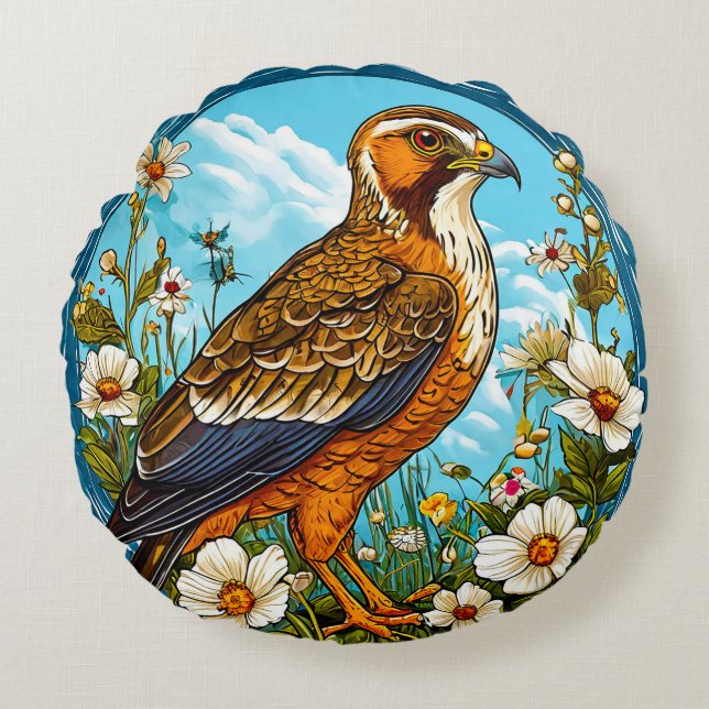 Cojín Redondo Pájaro colorido de Hen harrier (Anverso)