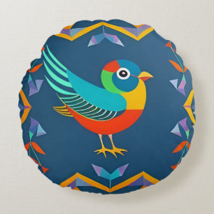 Cojín Redondo Pájaro Colorido en Diseño de Arte Geométrico Abstr