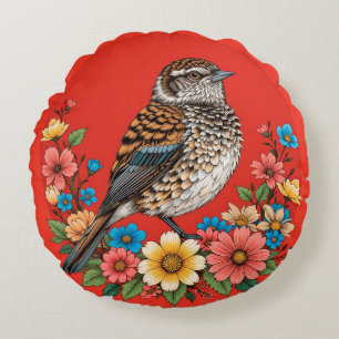 Cojín Redondo Pájaro Colorido en Rama enmarcado con Flores