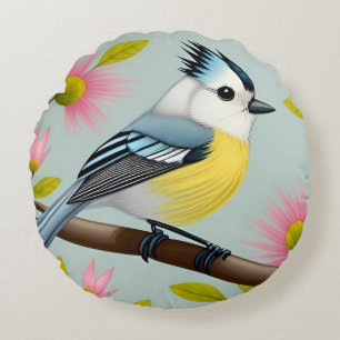 Cojín Redondo Pájaro Colorido en Rama enmarcado con Flores