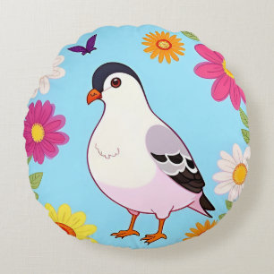 Cojín Redondo Pájaro Colorido en Rama enmarcado con Flores
