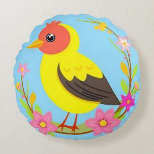 Cojín Redondo Pájaro Colorido Rodeado de Corona de Flores