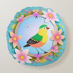 Cojín Redondo Pájaro Colorido Rodeado de Corona de Flores
