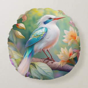 Cojín Redondo Pájaro de fantasía del ala Verde azulada irlandesa
