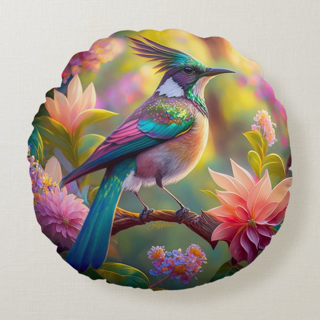 Cojín Redondo Pájaro de Jay Fantasy con cabeza verde (Anverso)
