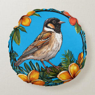 Cojín Redondo Pájaro enmarcado por flores vibrantes