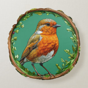 Cojín Redondo Pájaro enmarcado por flores vibrantes
