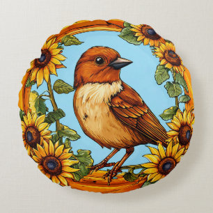 Cojín Redondo Pájaro enmarcado por flores vibrantes