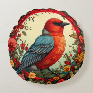 Cojín Redondo Pájaro enmarcado por flores vibrantes