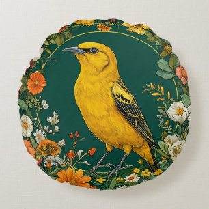 Cojín Redondo Pájaro enmarcado por flores vibrantes