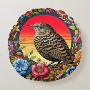 Cojín Redondo Pájaro entre flores coloridas