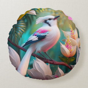 Cojín Redondo Pájaro Fantasía de Cresta Blanca y Pecho Rosado