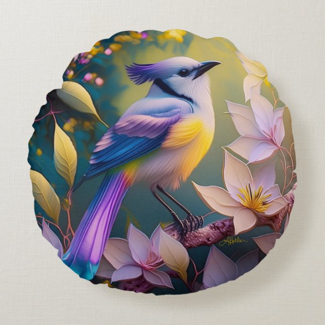 Cojín Redondo Pájaro Fantasía de Pecho Amarillo con Cresta Viole (Anverso)