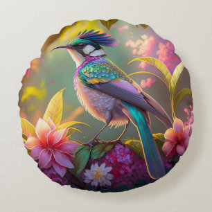 Cojín Redondo Pájaro Fantasía Sunbird de Alas de Arcoíris con Cr