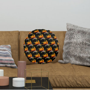 Cojín Redondo Pájaro naranja del patrón de planta de paraíso en 