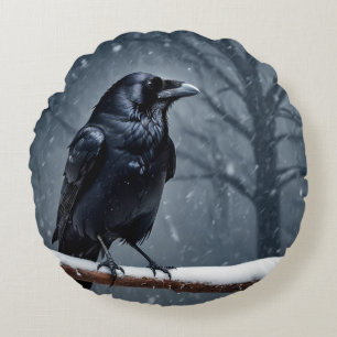 Cojín Redondo Pájaro negro oscuro de raven