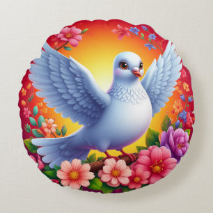 Cojín Redondo Pájaro Posado Entre Flores Coloridas