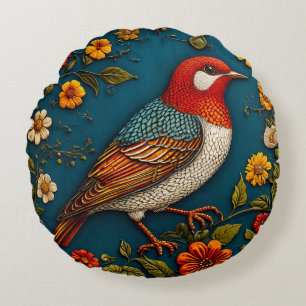 Cojín Redondo Pájaro Posado Entre Flores Coloridas