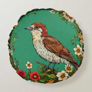 Cojín Redondo Pájaro silvestre colorido en medio de flores flore