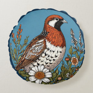 Cojín Redondo Pájaro Vibrante Rodeado de Flores Silvestres Color