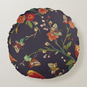 Cojín Redondo Pájaro vintage, mariposa, acuarela de bordado.
