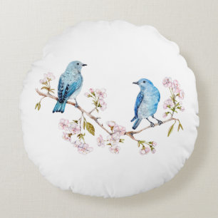 Cojín Redondo Pájaros azules de montaña en la rama de Sakura