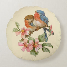 Cojín Redondo Pájaros azules y flores de manzana redondas