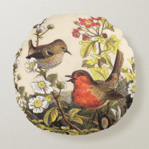 Cojín Redondo Pájaros Cantores Robin Botánico Floral Vintage