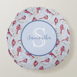 Cojín Redondo Pájaros Cardenales Gris Azul Monograma Personaliza